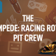 A copper background with stickers including a 8bit game controller and gasoline tank pouring coffee into a mug. Sumo Leamington logo in the top corner and a tiger-stripe effect kart in the bottom right hand corner.